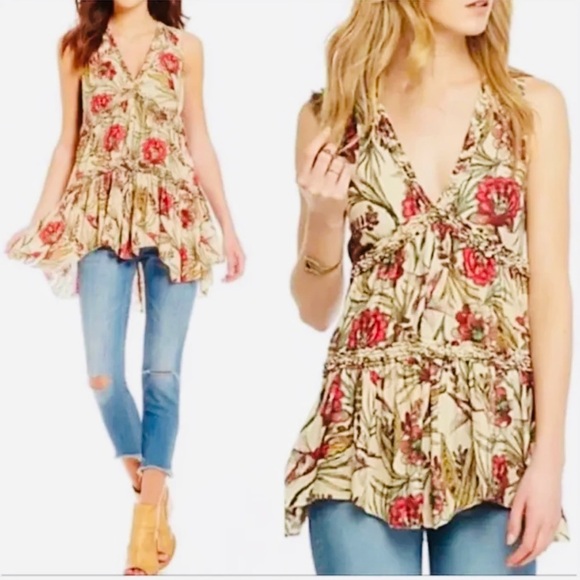 Free People Purple Haze hummingbird tiered v neck tunic size XS floral hi low - Picture 2 of 9